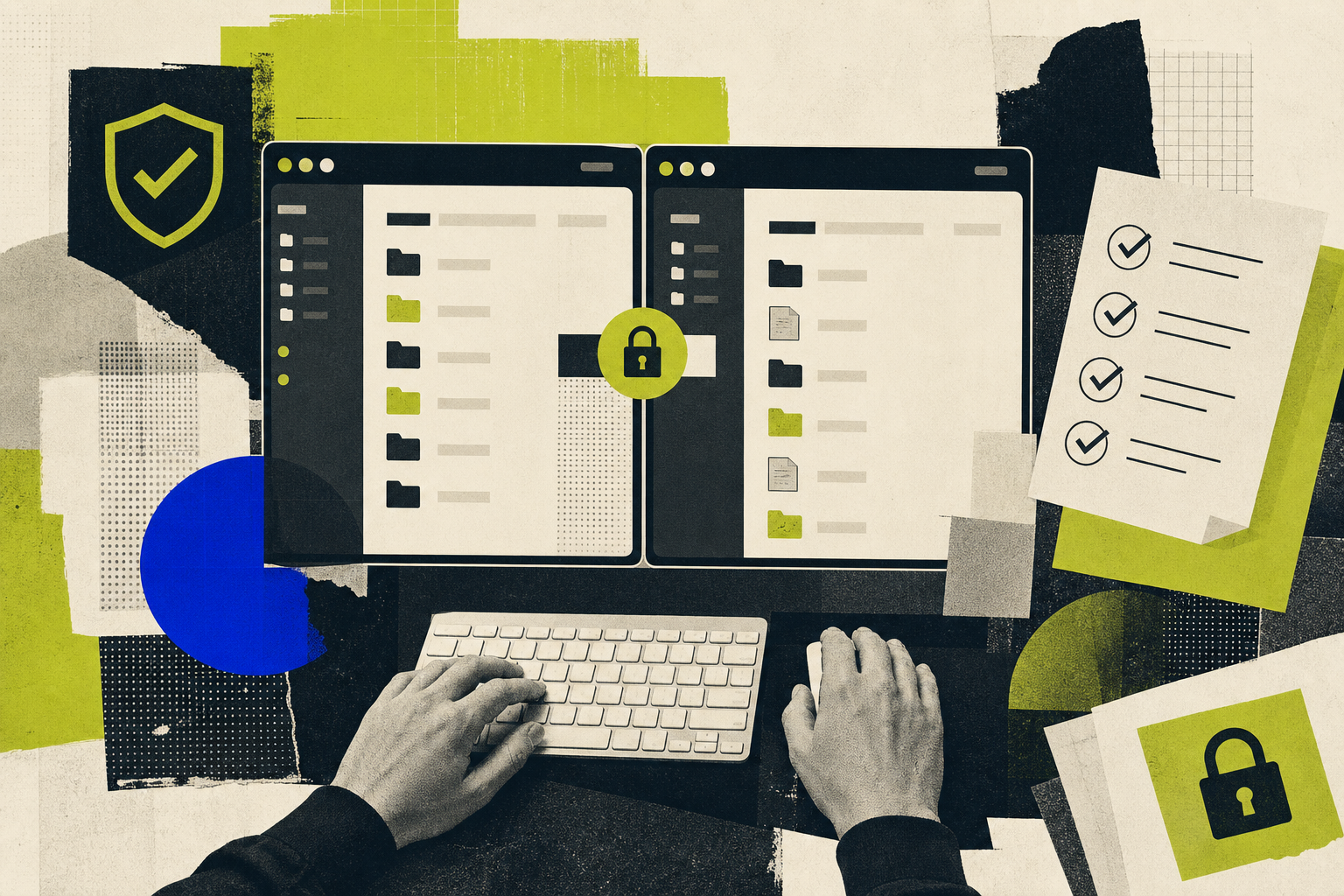 Hands reviewing an abstract dual-pane remote file workflow