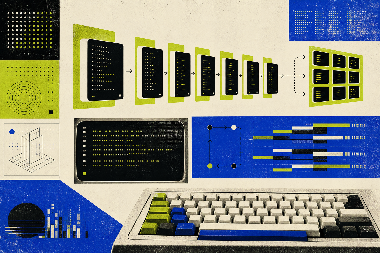 Modernist repeated command shapes suggesting a terminal macro