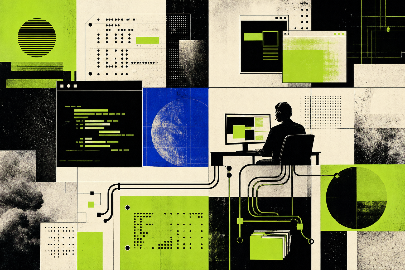 Abstract terminal windows arranged as a modernist systems poster