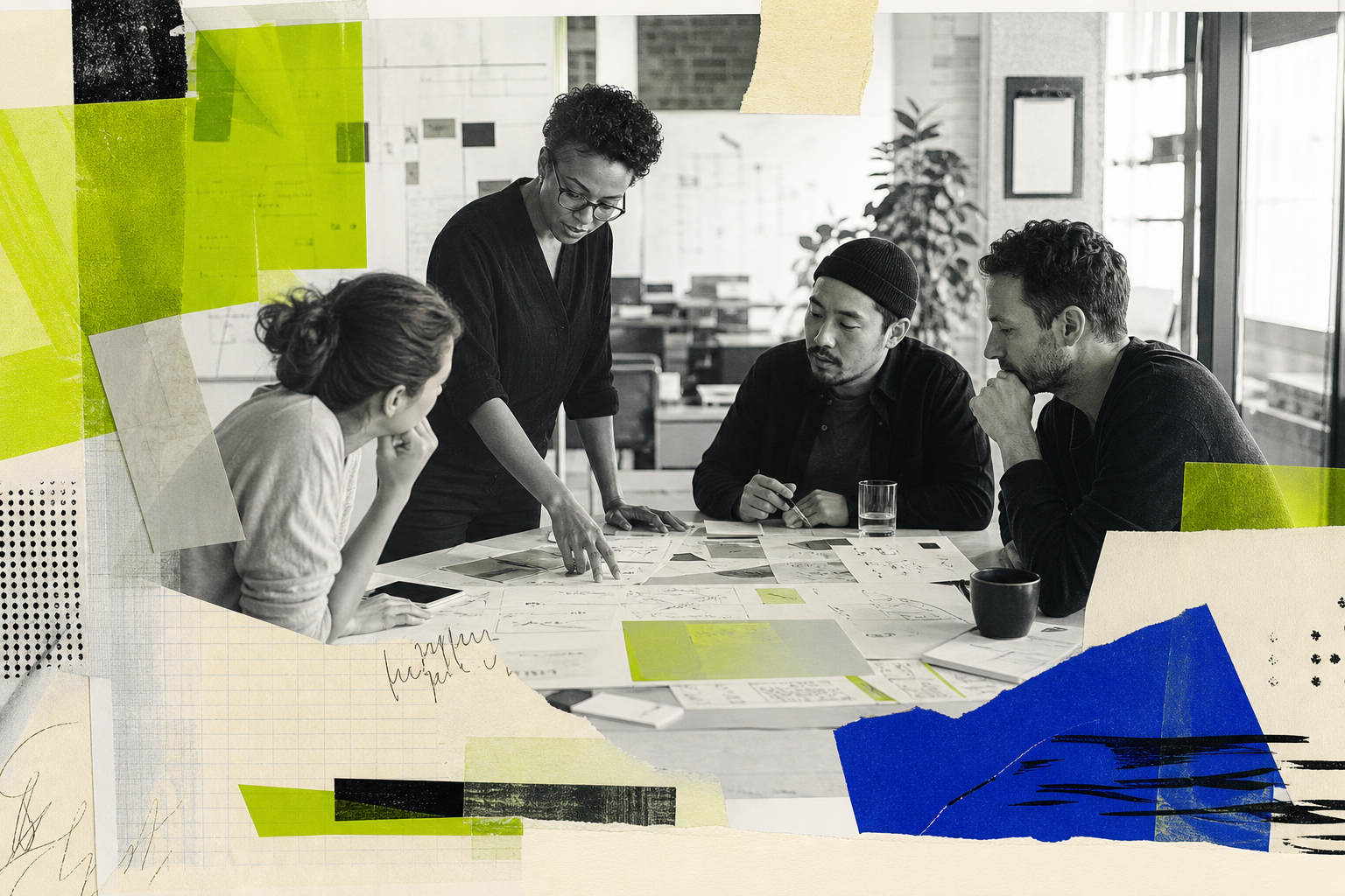 Small technical team mapping remote-access workflows around a table