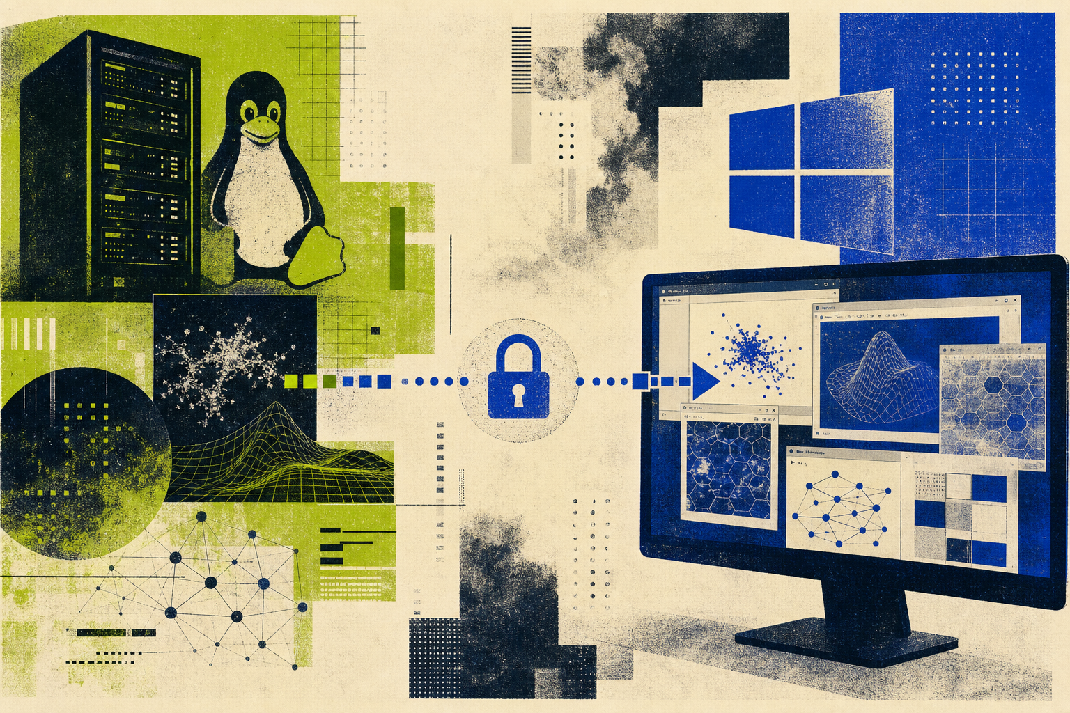 Abstract poster showing a remote scientific window traveling to a Windows display